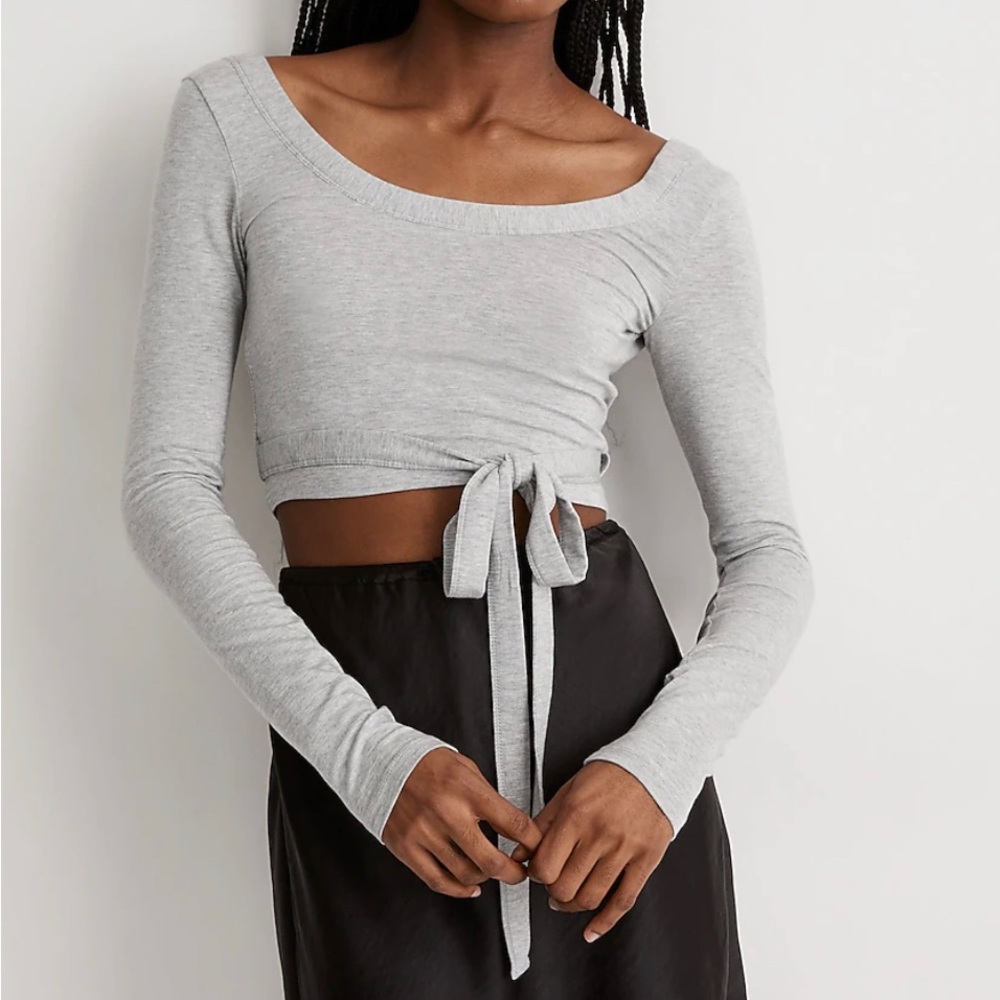 Madewell Light Gray Long Sleeve Tie-Front Crop Top
